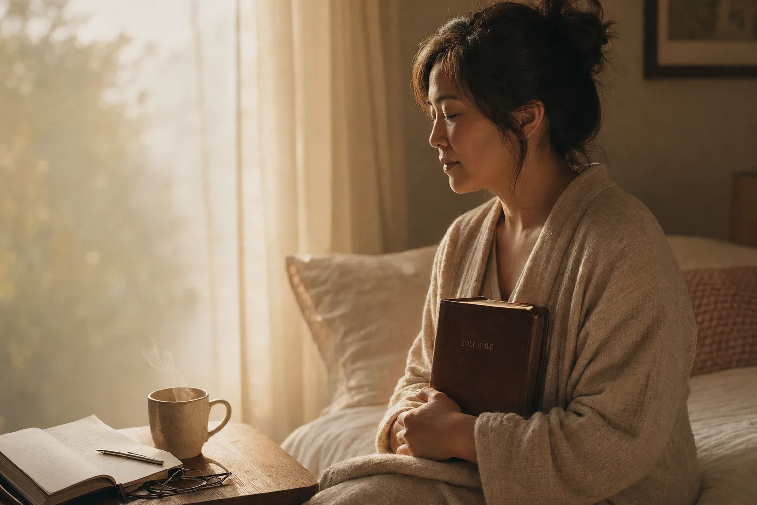 Woman by window with Bible, journal, mug