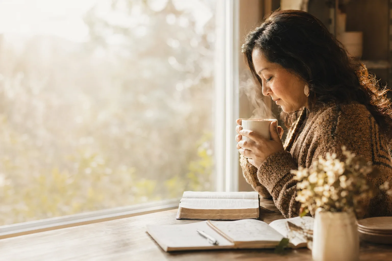 Woman by window with Bible and mug