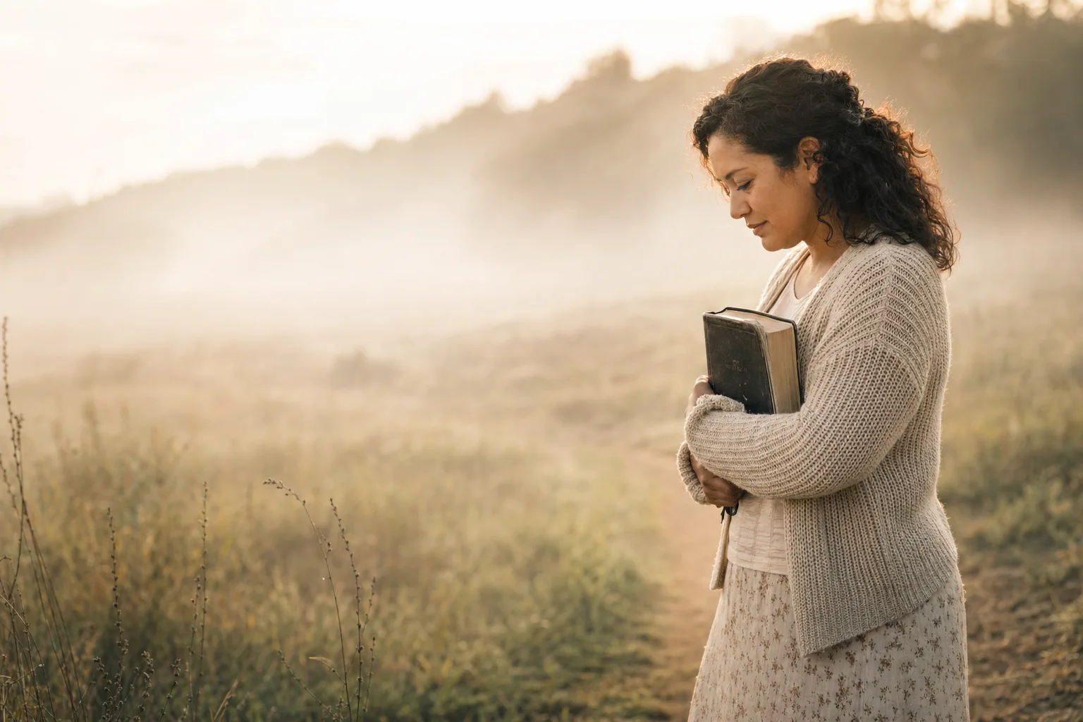 Woman walking with Bible in field