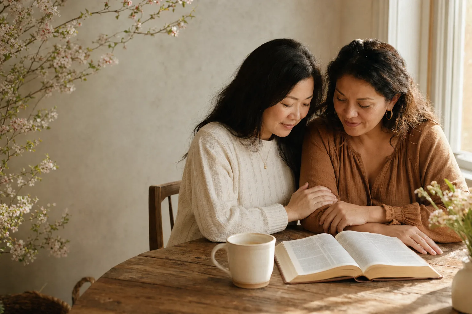 Two women with Bible and mug