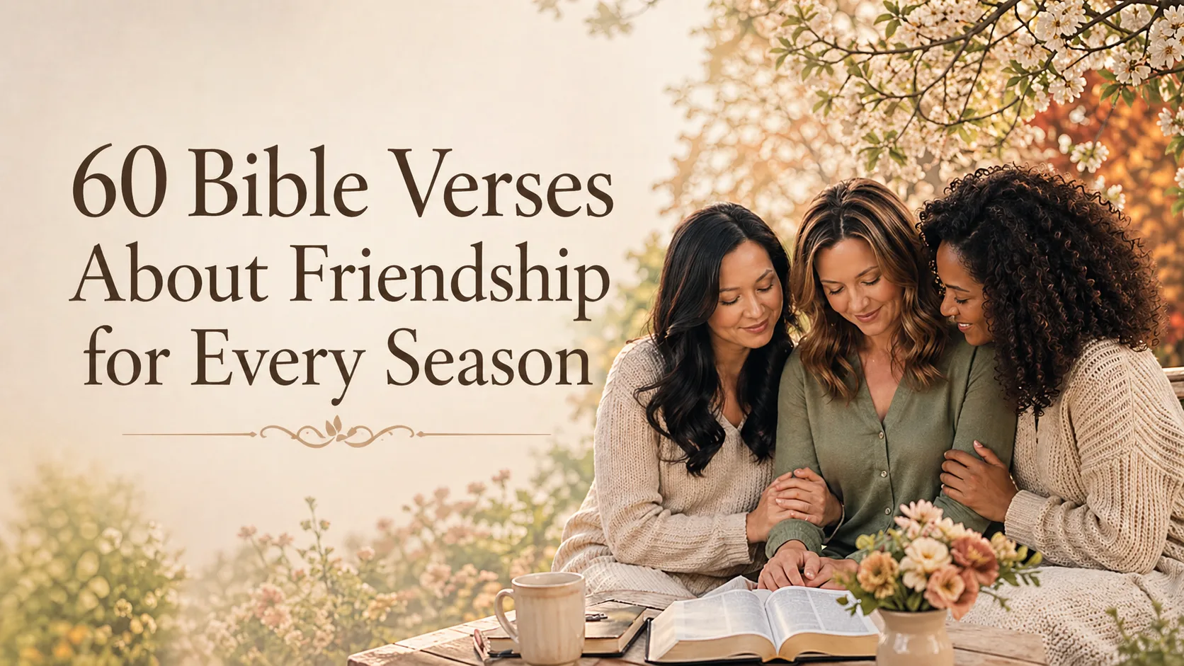 Three diverse women leaning together over an open Bible at a wooden table with blossoms in the background