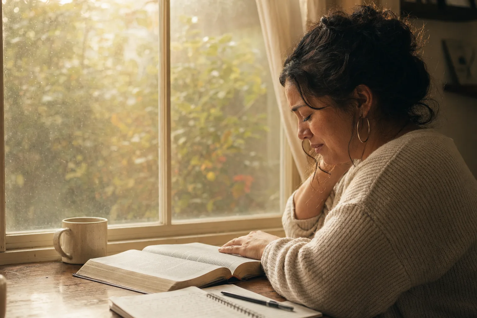 Woman by window with Bible and journal