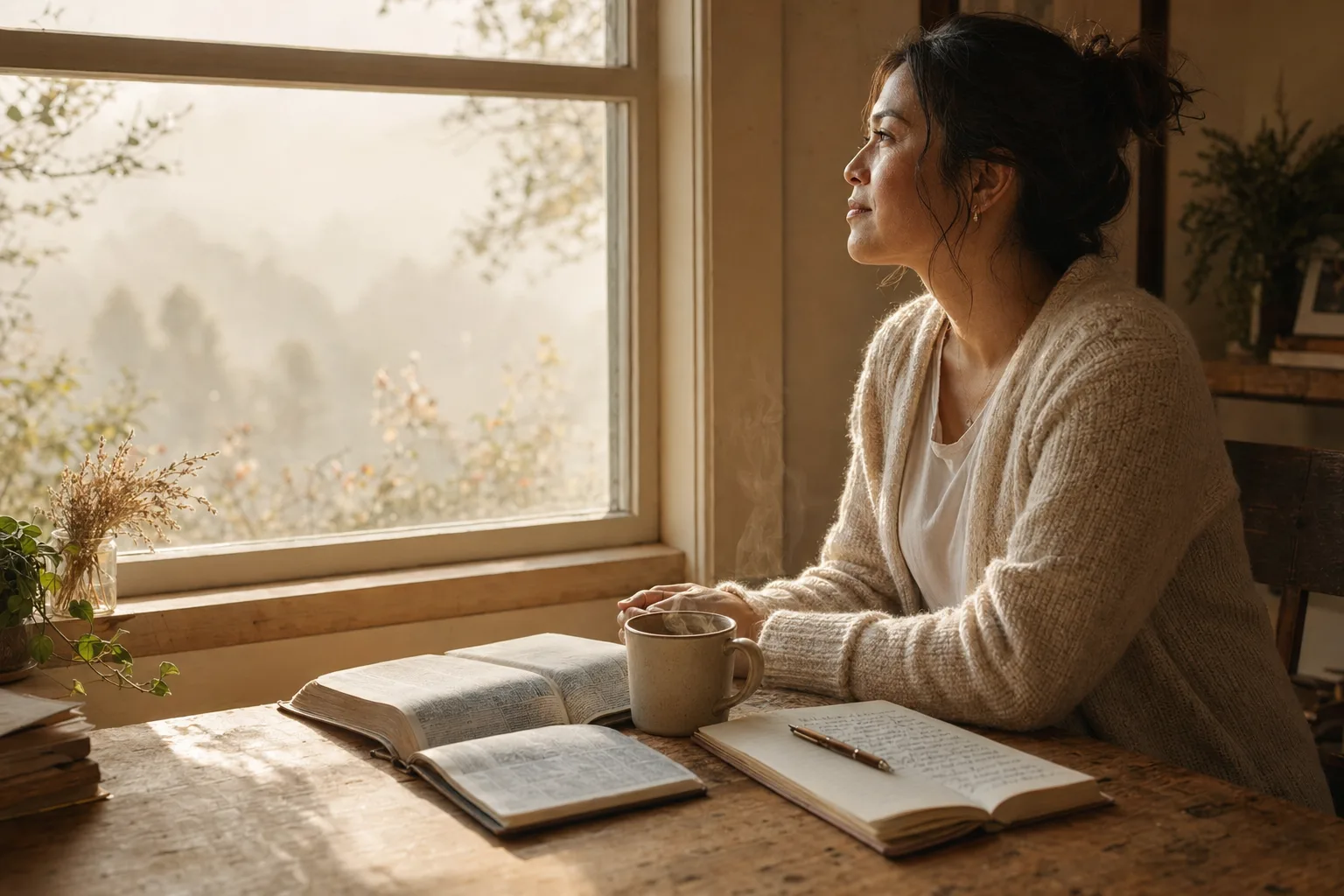 Woman by window with Bible and mug