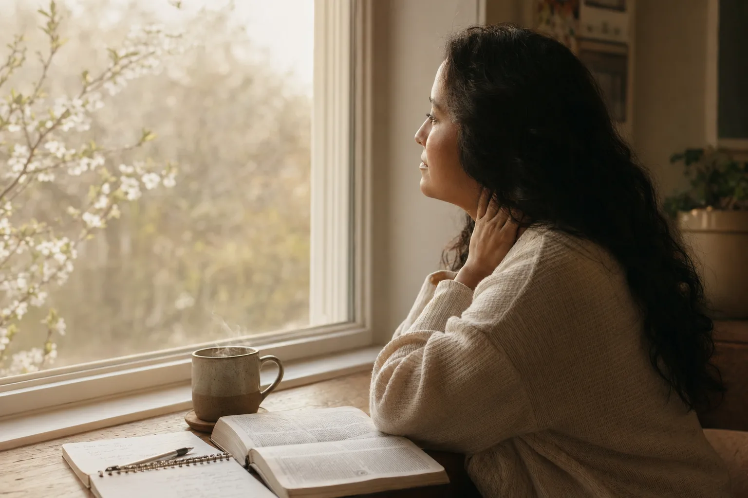 Woman by window with Bible and mug
