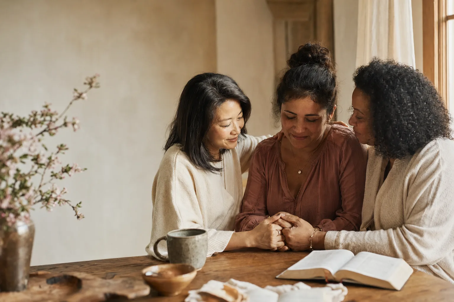 Three women with Bible and mug together