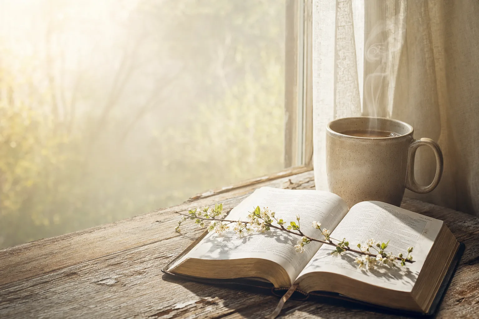 Open Bible, mug, and spring blossoms