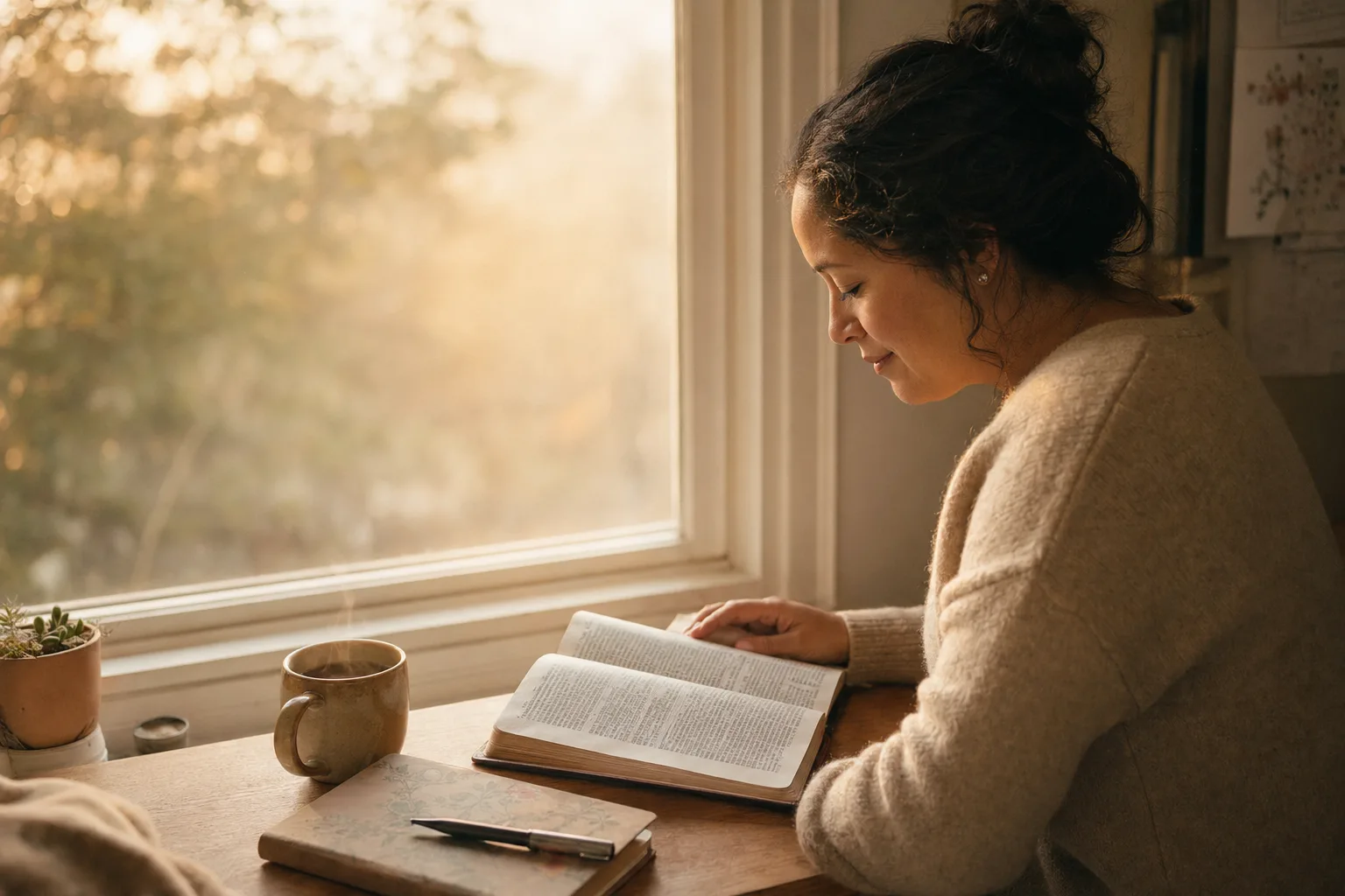 Woman reading Bible by window with mug