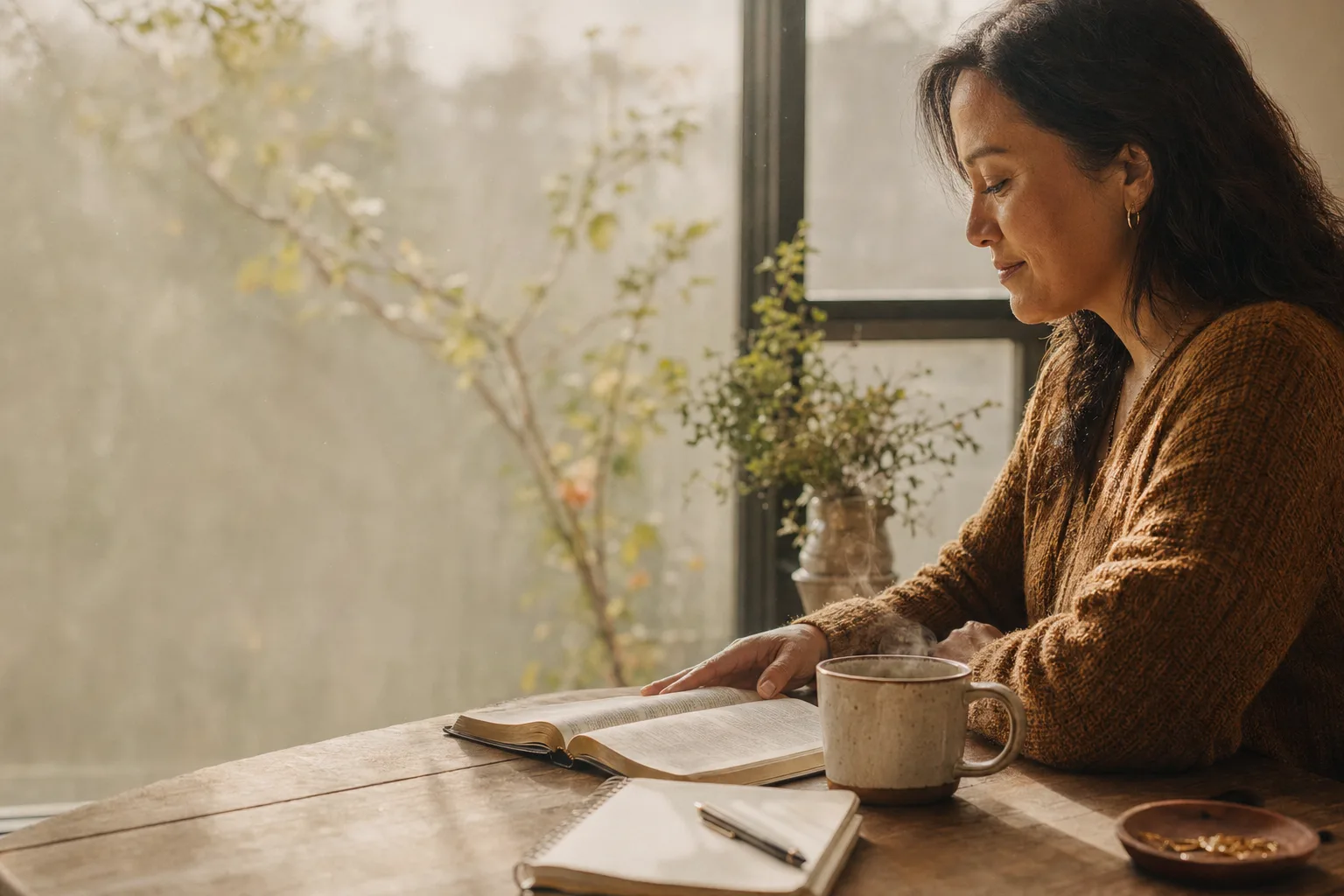 Woman by window with Bible, journal, mug