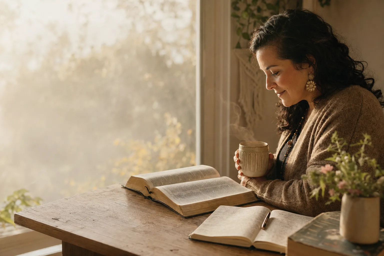 Woman by window with Bible, journal, mug
