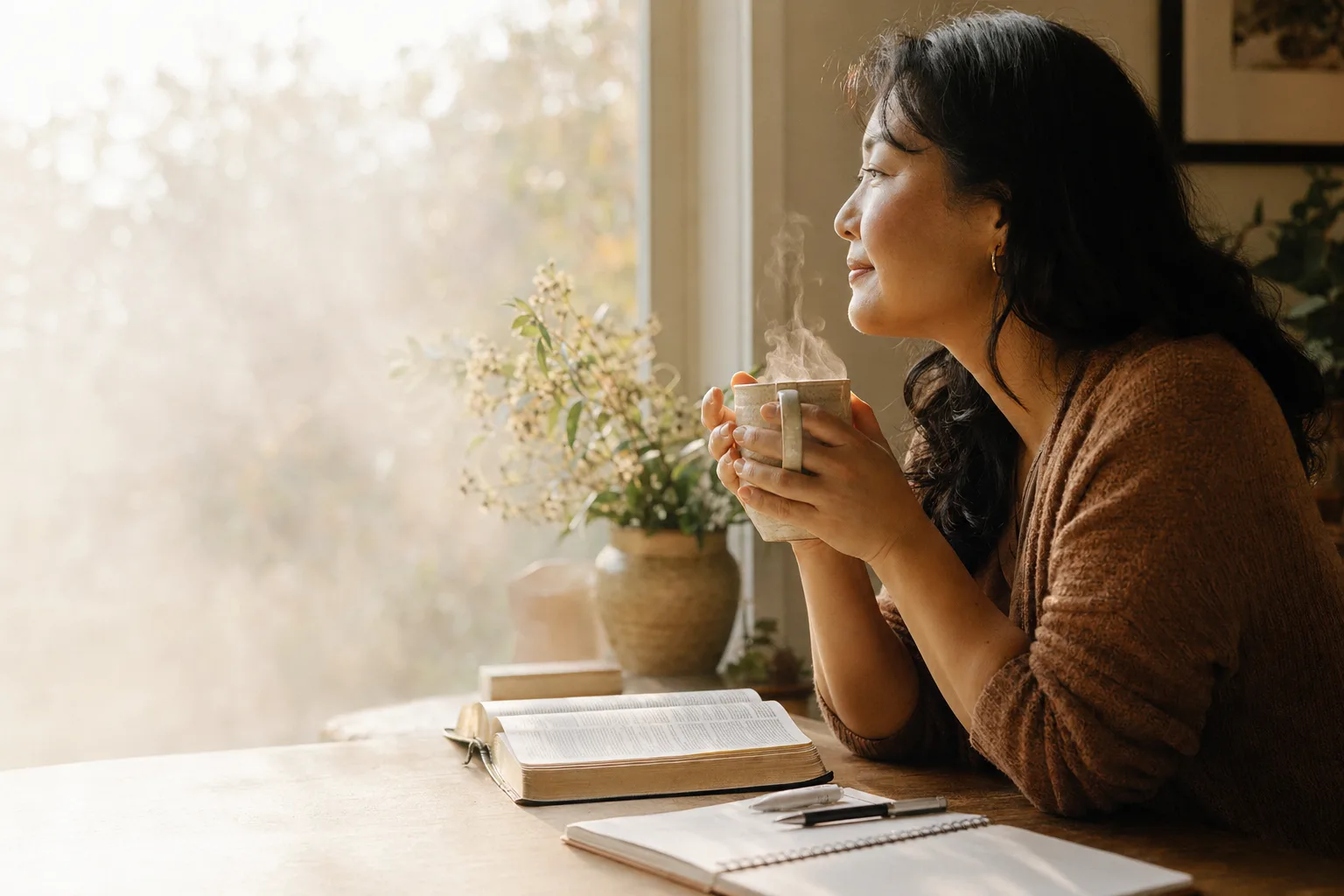 Woman by window with Bible and mug