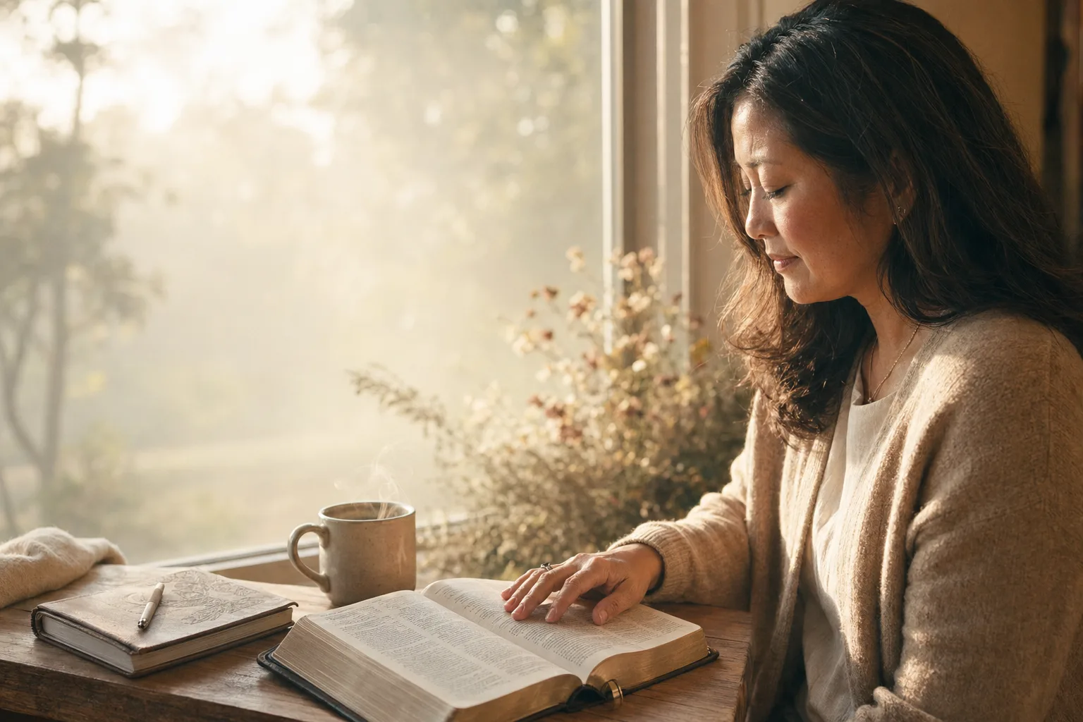 Woman by window with Bible and journal