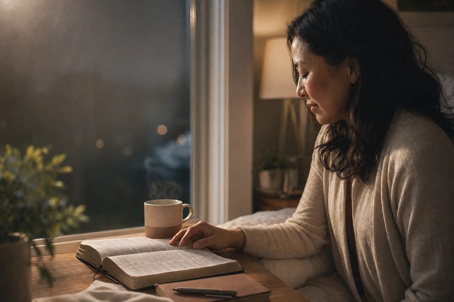 Woman reading Bible beside window at bedtime