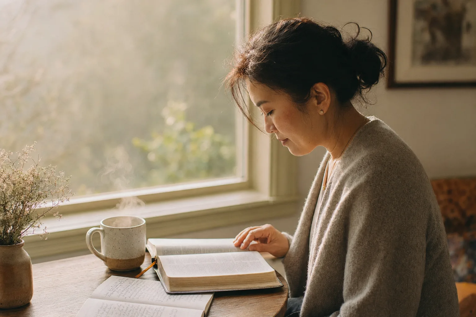 Woman by window with Bible and mug