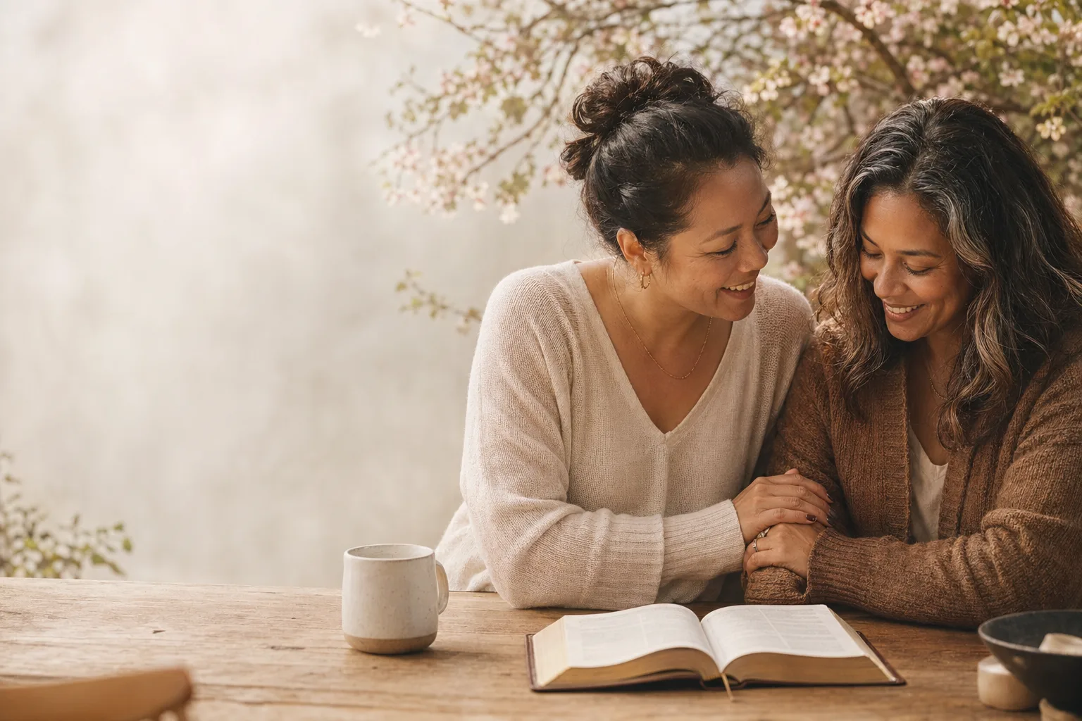 Two women with Bible and mug