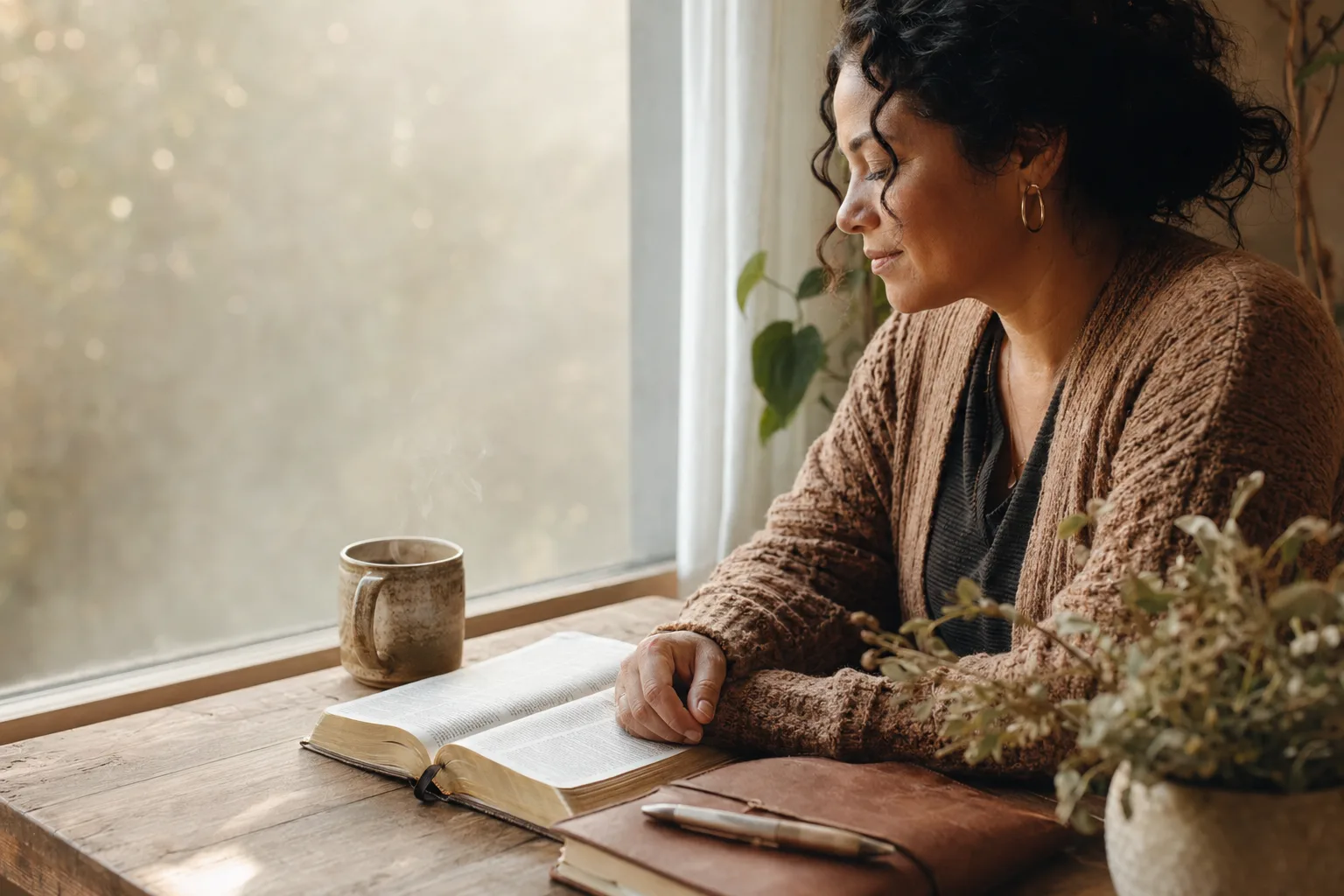 Woman by window with Bible and mug