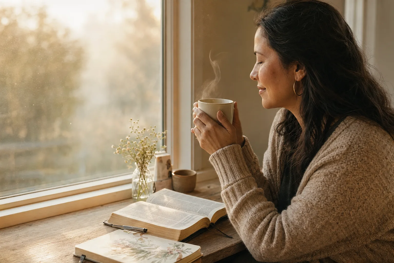 Woman by window with Bible and mug