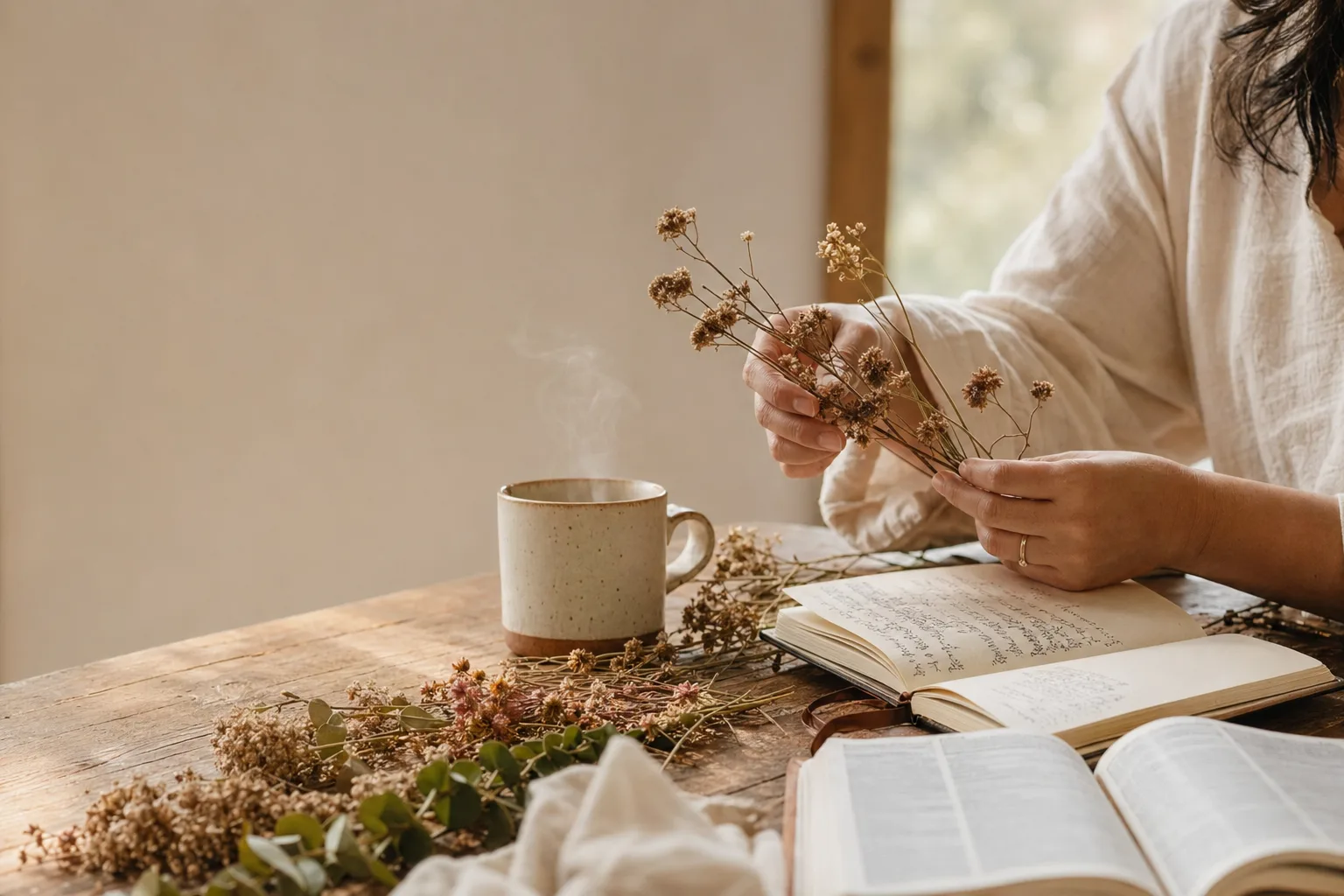 Hands arranging dried flowers by open Bible