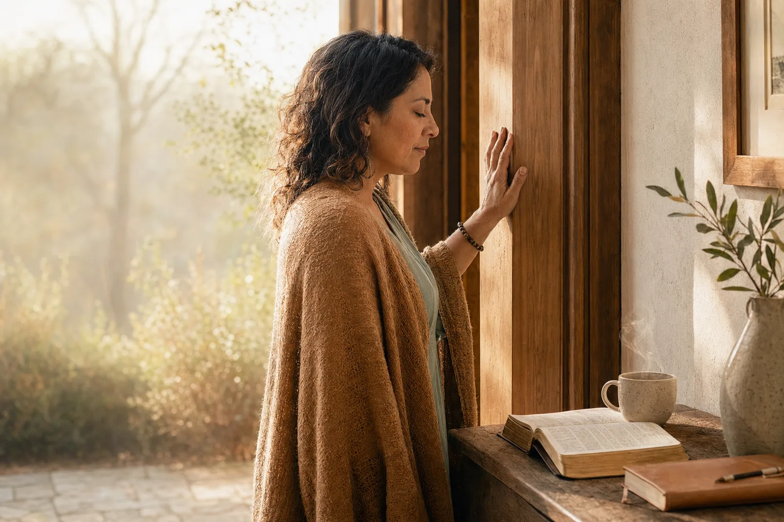 Woman praying by doorway with Bible and mug