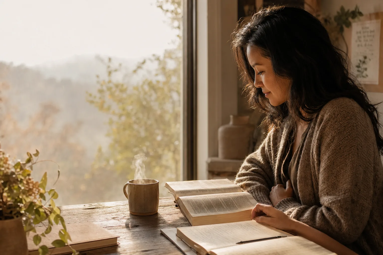Woman by window with Bible and mug
