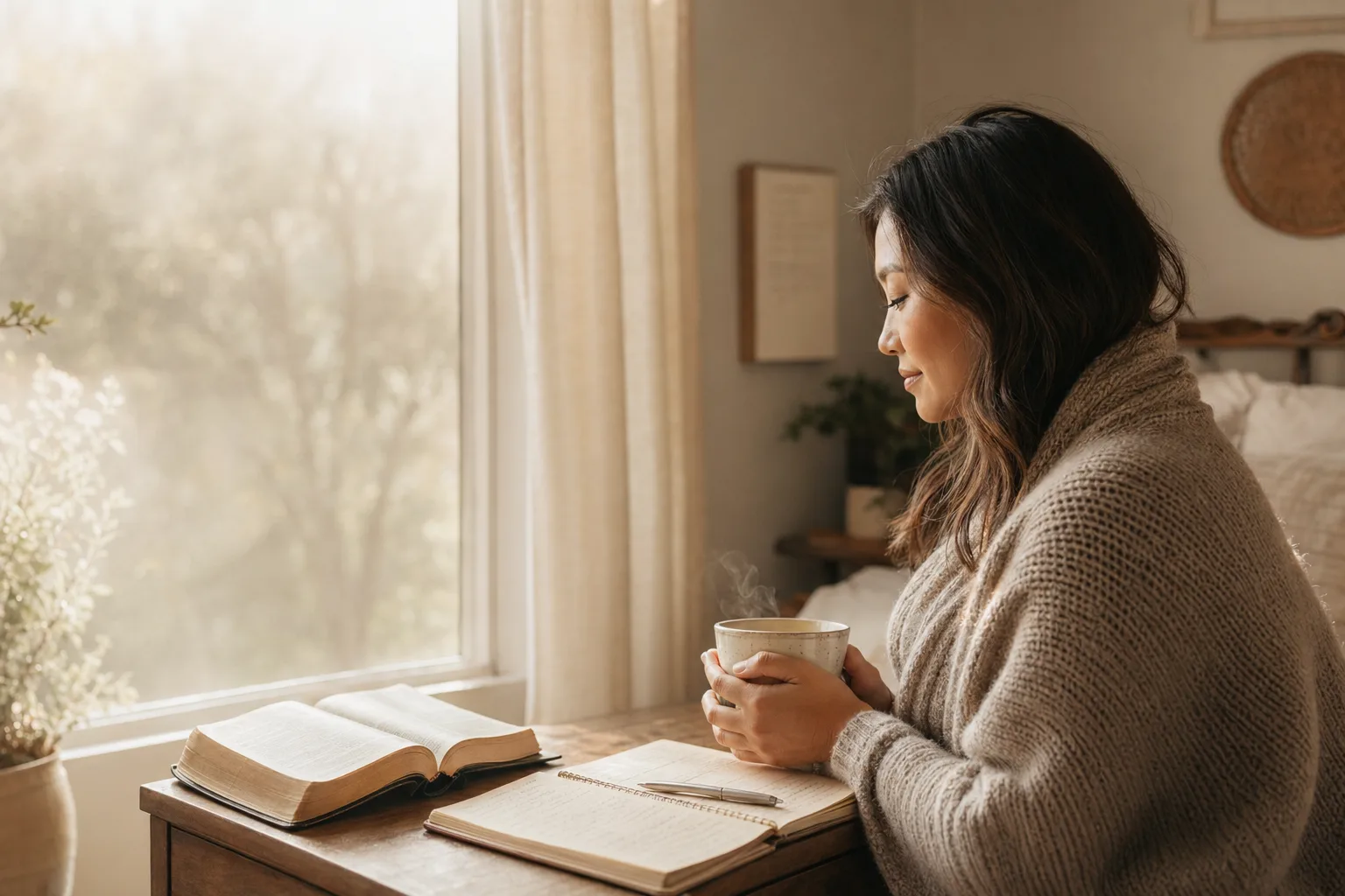 Woman by window with Bible, journal, mug