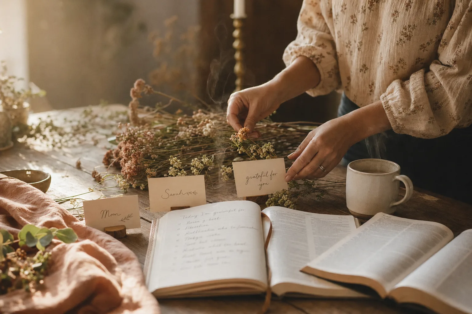 Hands arranging dried flowers, Bible, journal, mug