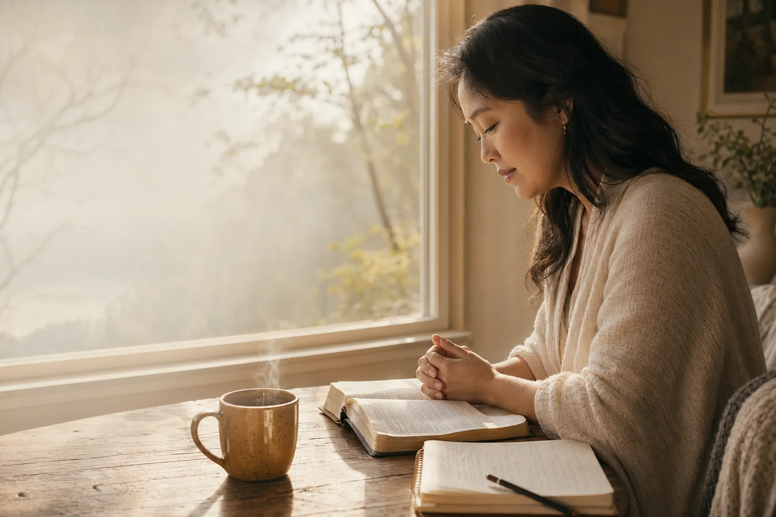Woman by window with Bible and journal