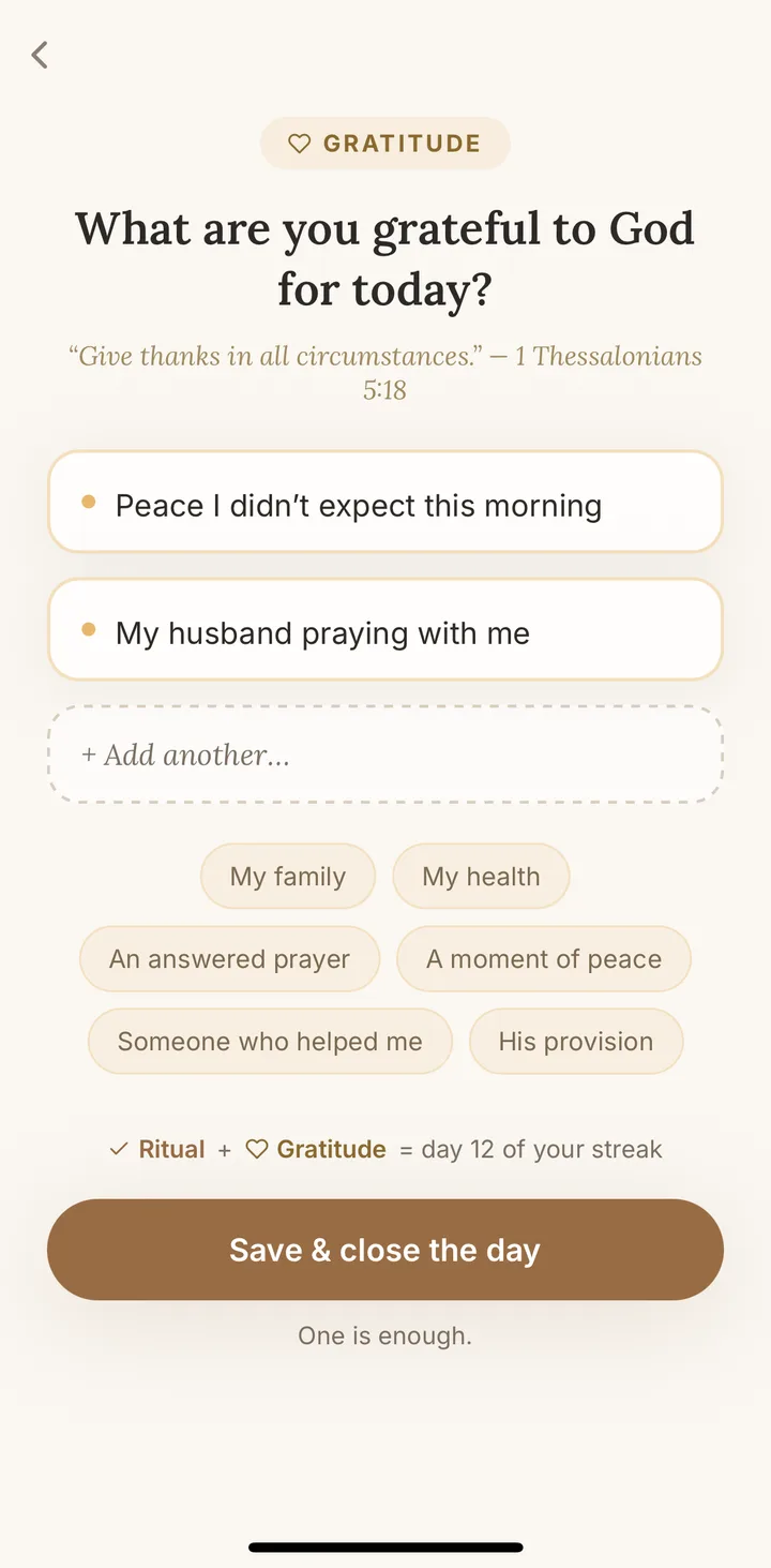 Faith Jar evening gratitude - What are you grateful to God for today, with gentle prompts like an answered prayer