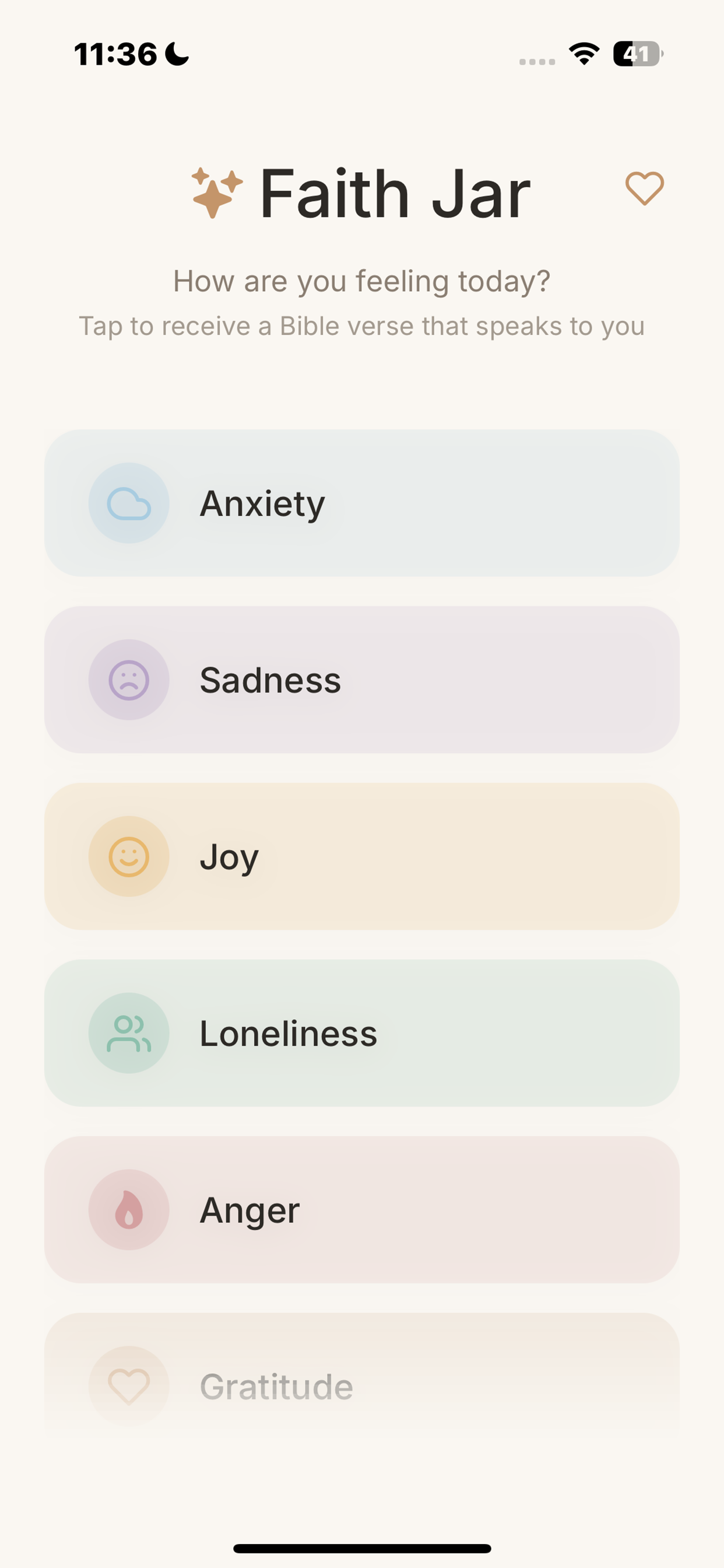 Faith Jar app showing emotion picker - Anxiety, Sadness, Joy, Loneliness, Anger, Gratitude