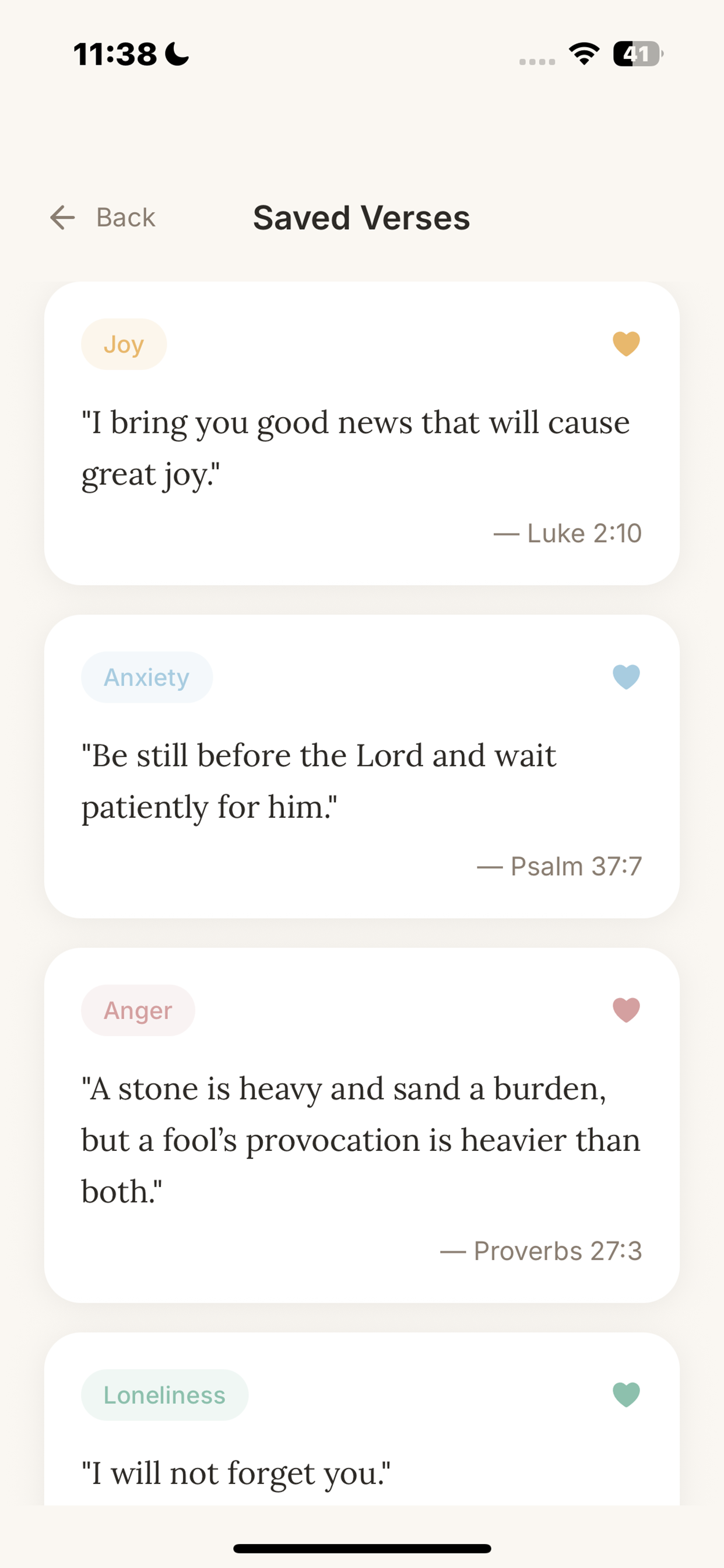 Faith Jar app Saved Verses screen - collection of Bible verses organized by emotion