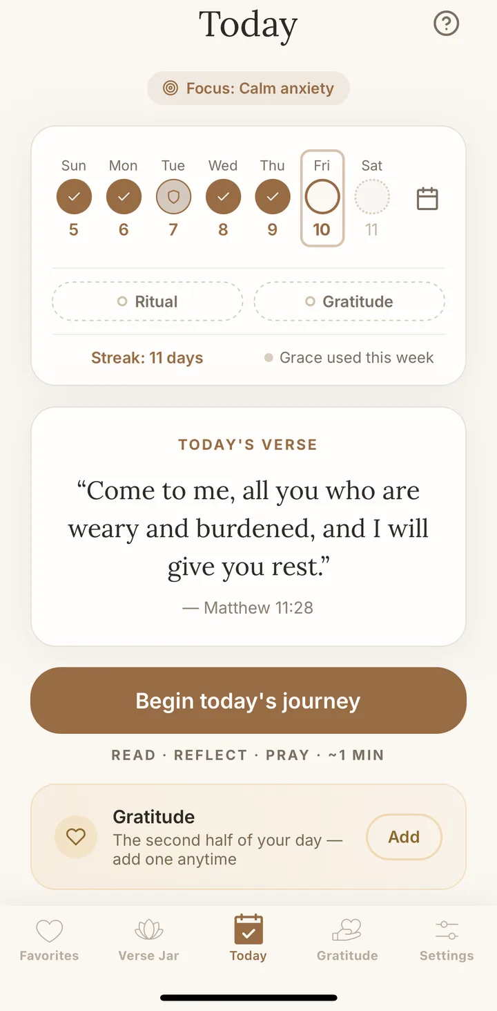 Faith Jar Today screen - weekly rhythm tracker, today's verse from Matthew 11:28, and the Begin today's journey button