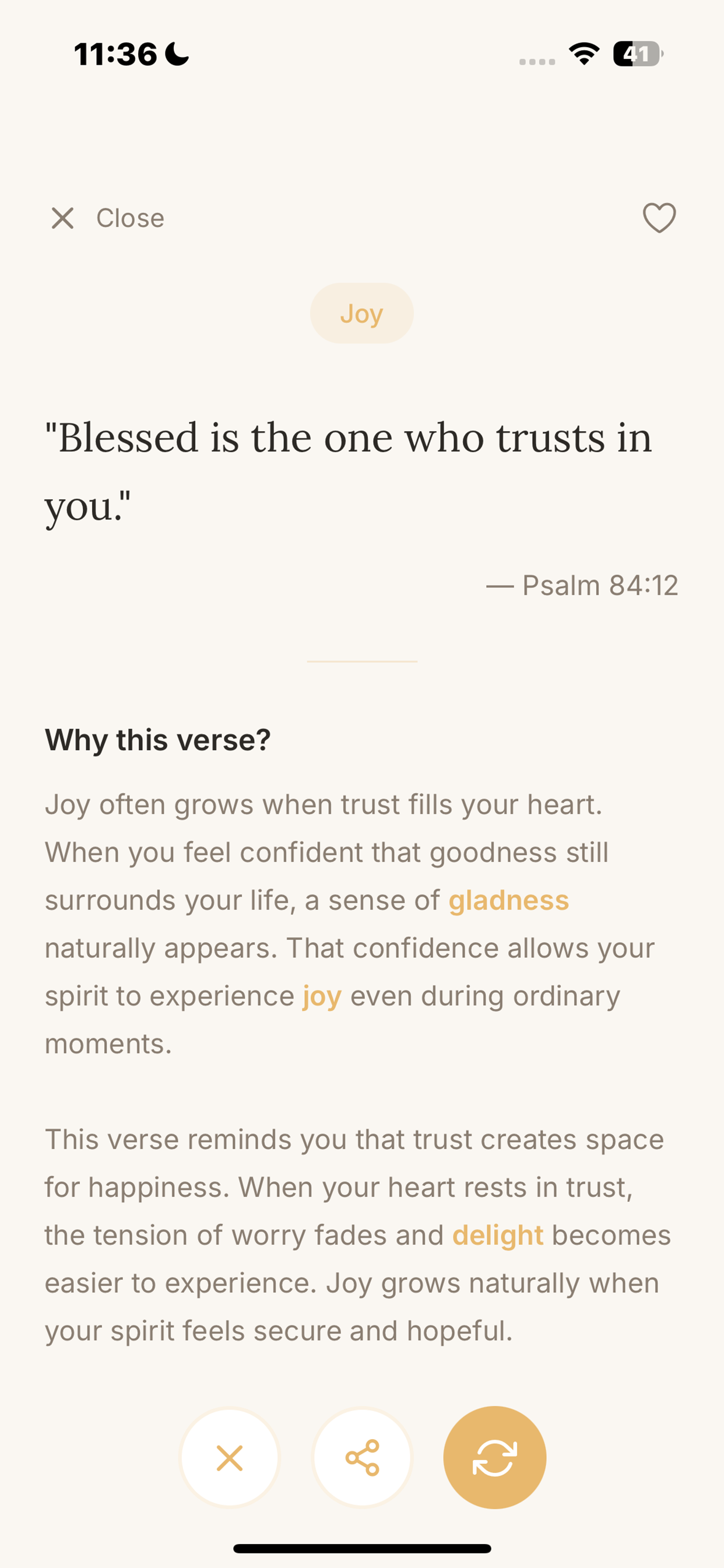 Faith Jar app verse screen - showing Psalm 84:12 with reflection and prayer prompt for Joy