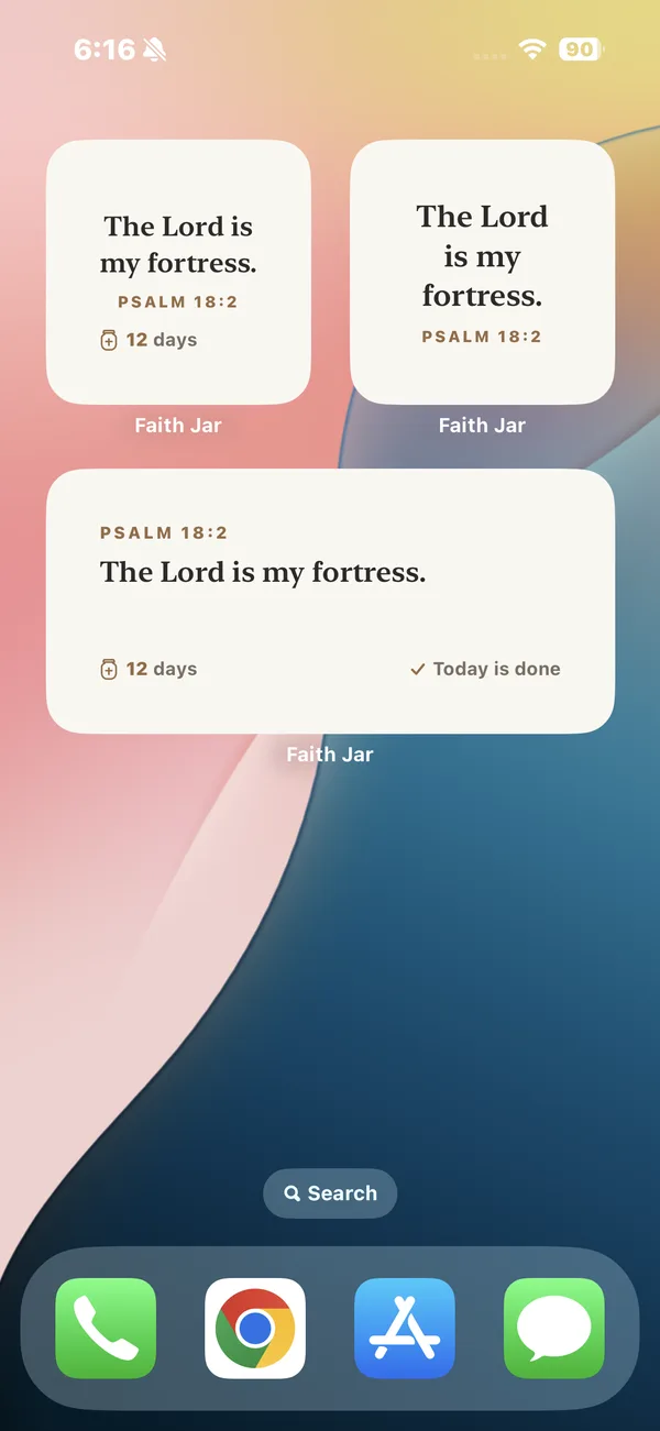 iPhone Home Screen with Faith Jar widgets - today's verse Psalm 18:2, a 12-day streak, and Today is done